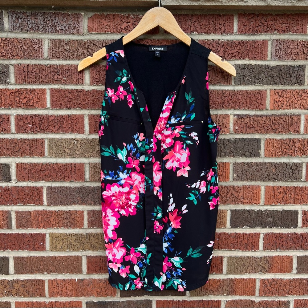 Express White and Pink Floral Two Fabric Sleeveless Tank Top